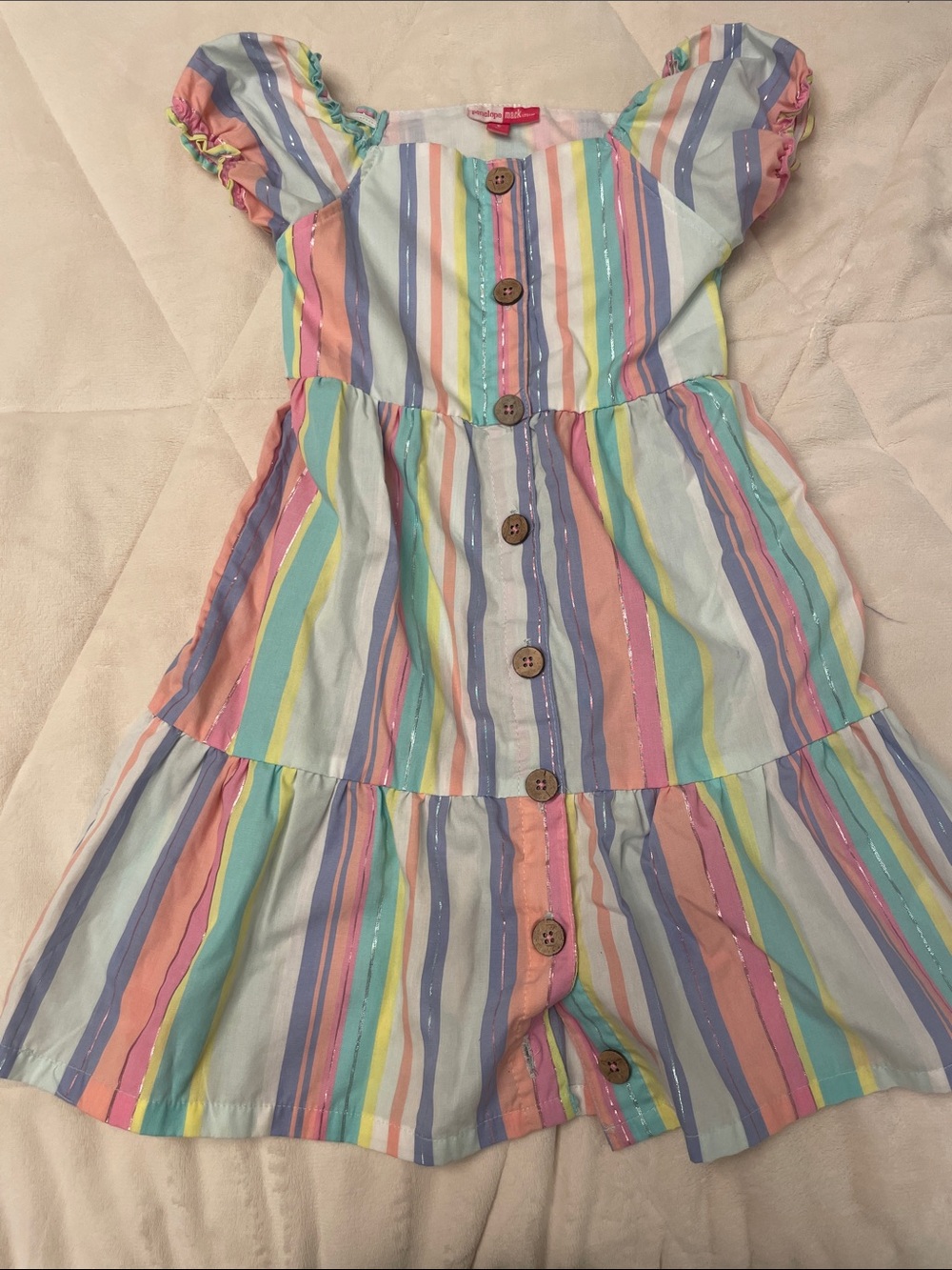 Penelope Mack Pastel Multi-Stripe Button-Up Tiered Dress
